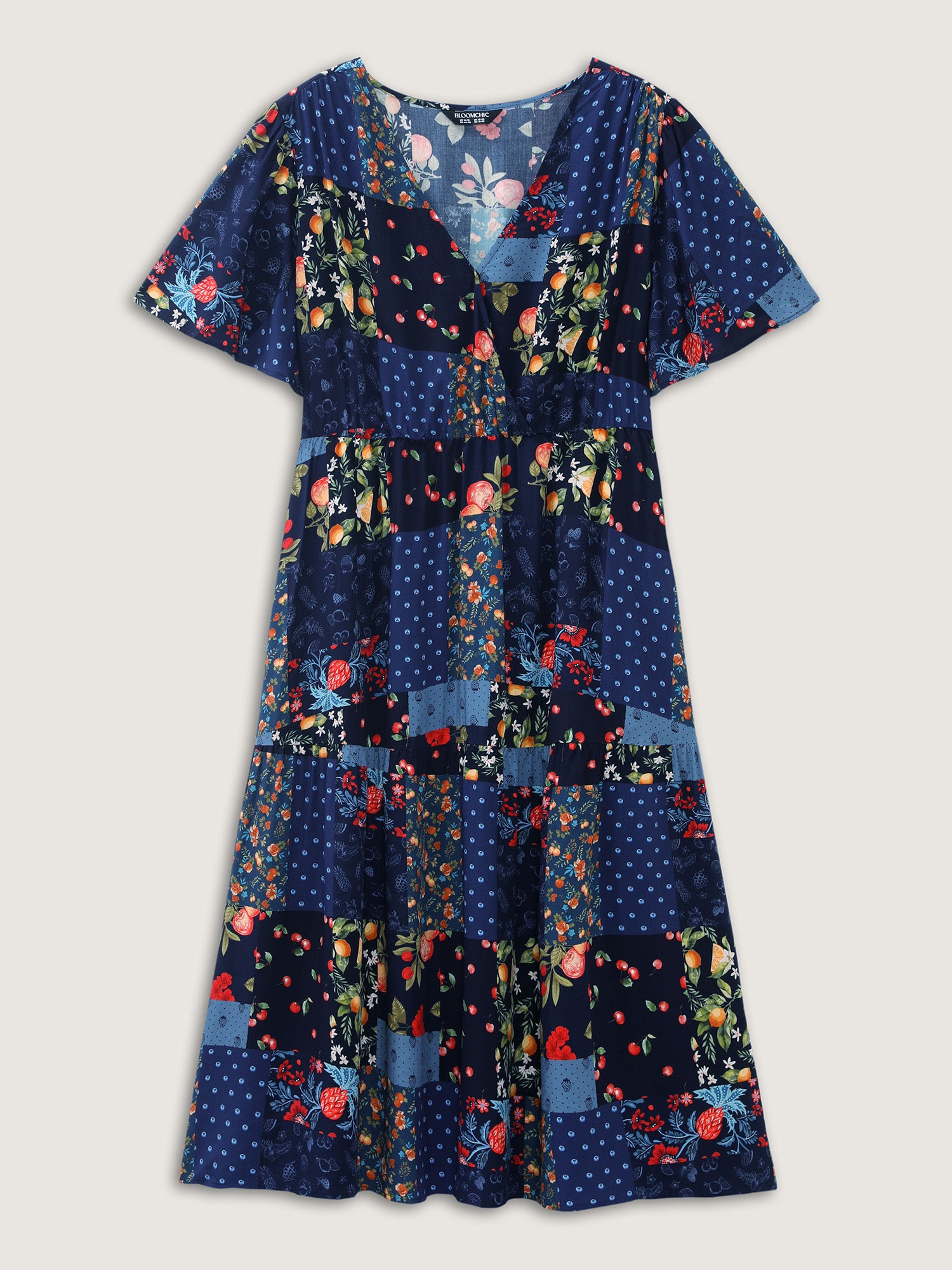 Fruit Collage Print Wrap Neck Midi Dress