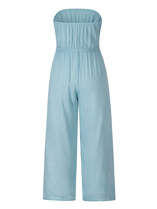 Original Cold Shoulder Tied Solid Color Straight Leg Jumpsuits