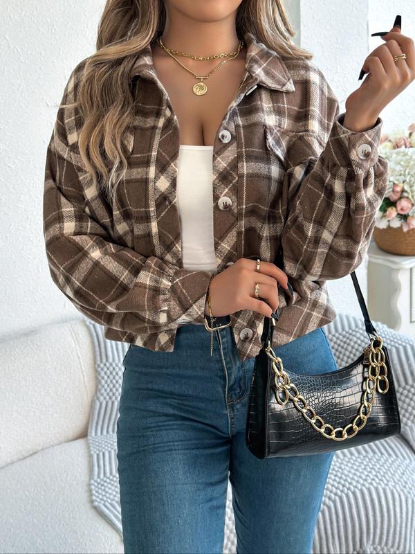 Women's Plaid Button Front Drop Shoulder Jacket