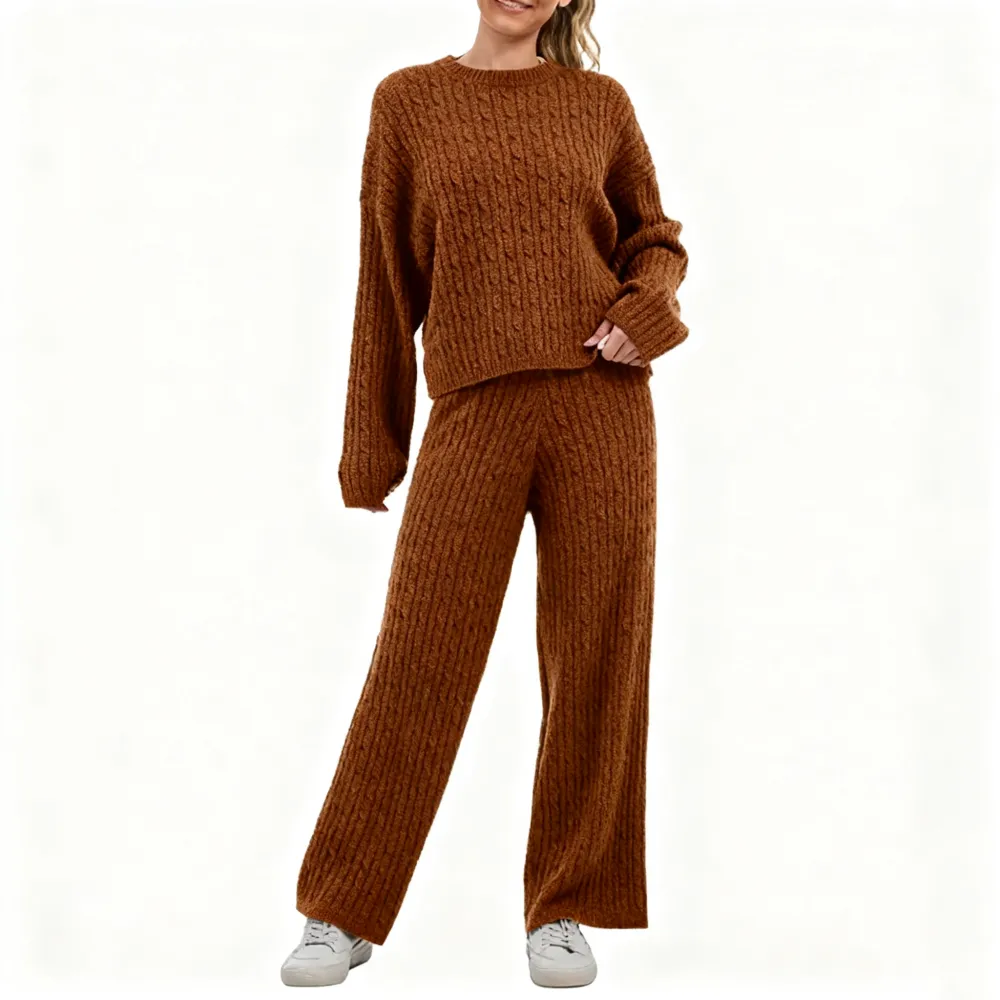 Women's Cable KnitBLACK FRIDAYSweater Lounge Set-Long Sleeve Pullover Top &High-Waisted Wide Leg Pants, Cozy 2-PieceOutfit for Fall & Winter