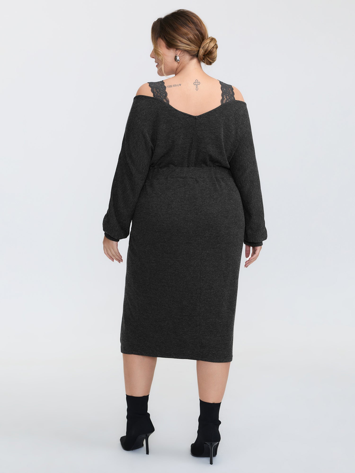 Lace Trim Off-Shoulder Split Hem Midi Dress