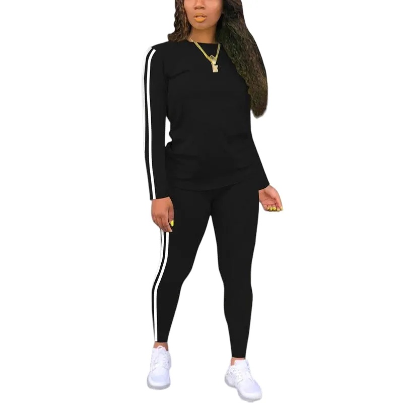 Women's Striped Print Long Sleeve Top & Pants Two-piece Set