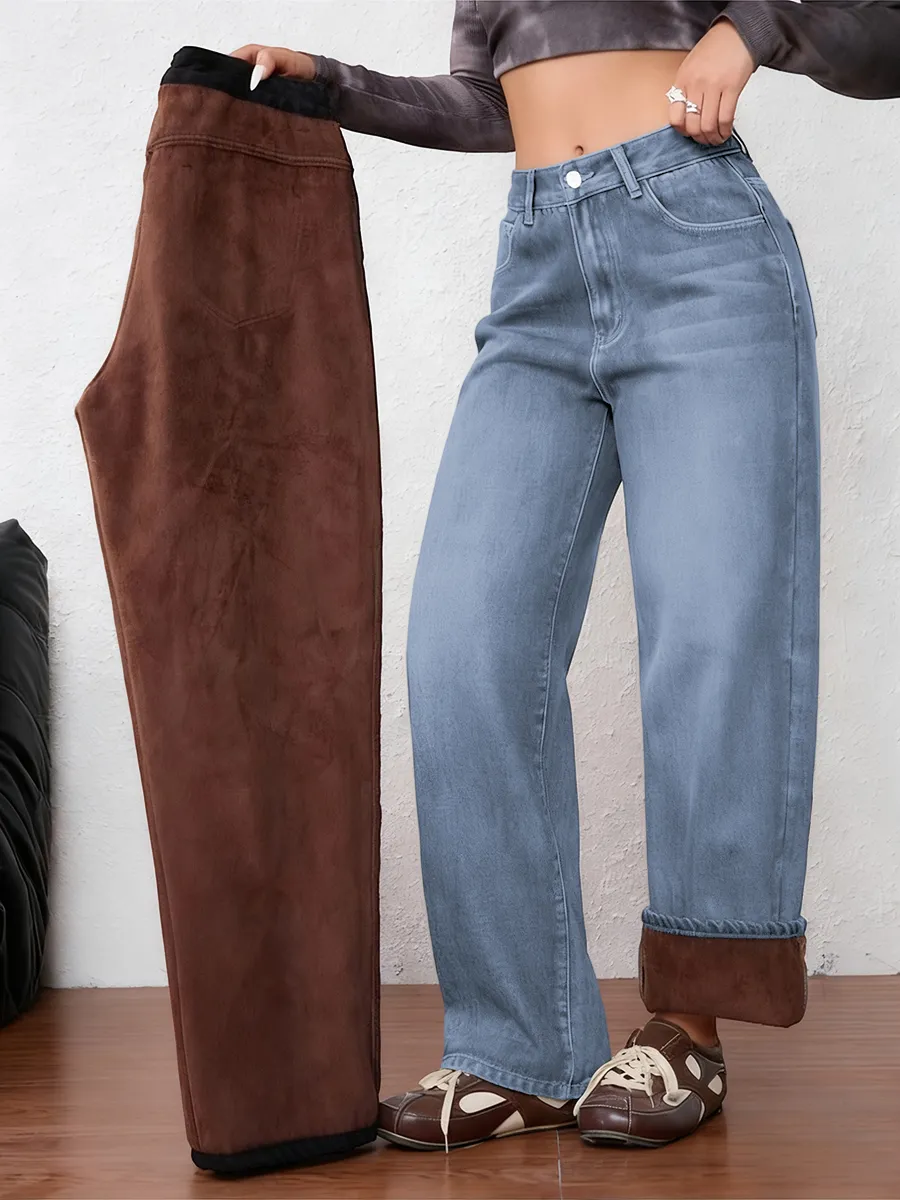 Women's Vintage Fleece-Lined Thickened Fall Winter Wide Leg Jeans