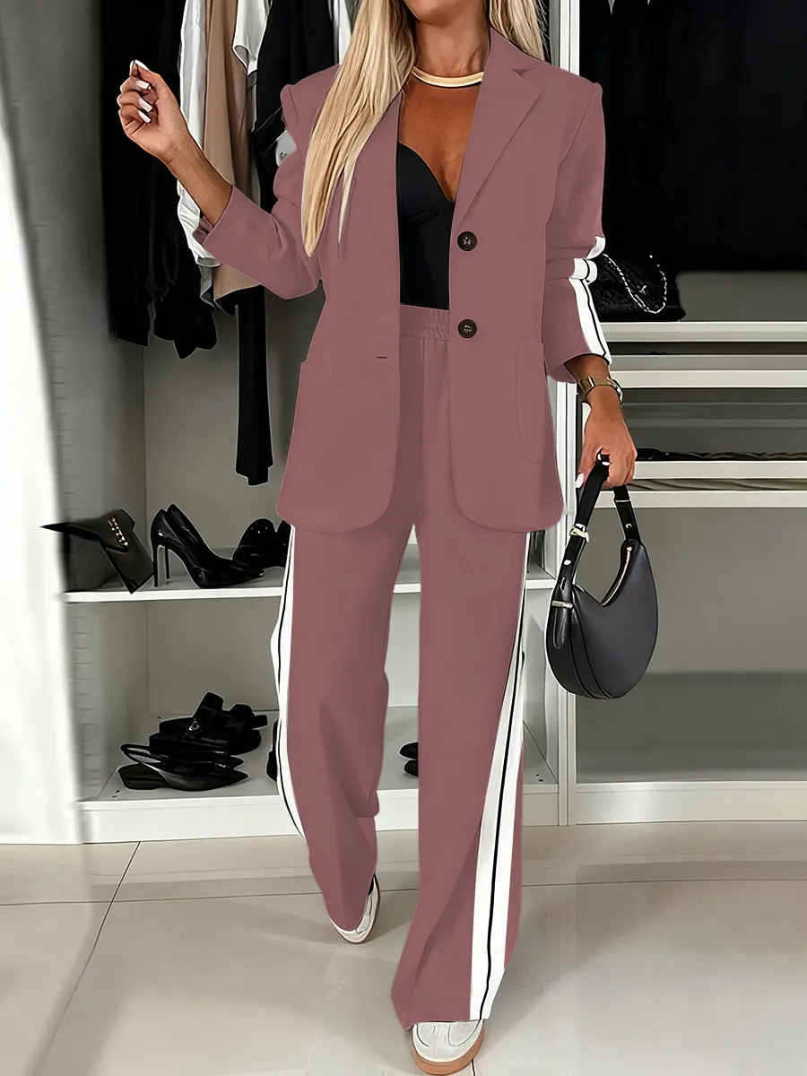 Women's Striped Print Blazer Jacket & Wide Leg Pants Set