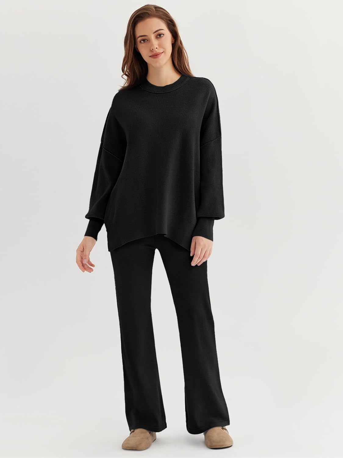 🎄Christmas Clearance 🔥Women 2 Piece Outfits Sweatsuit Sweater Sets Oversized Knit Pullover Tops Wide Leg Pants Lounge Set