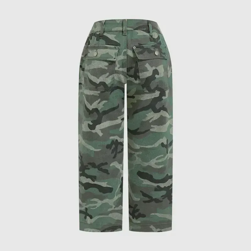 Camo Print Mid Waist Straight Leg Capri Pants Without Belt