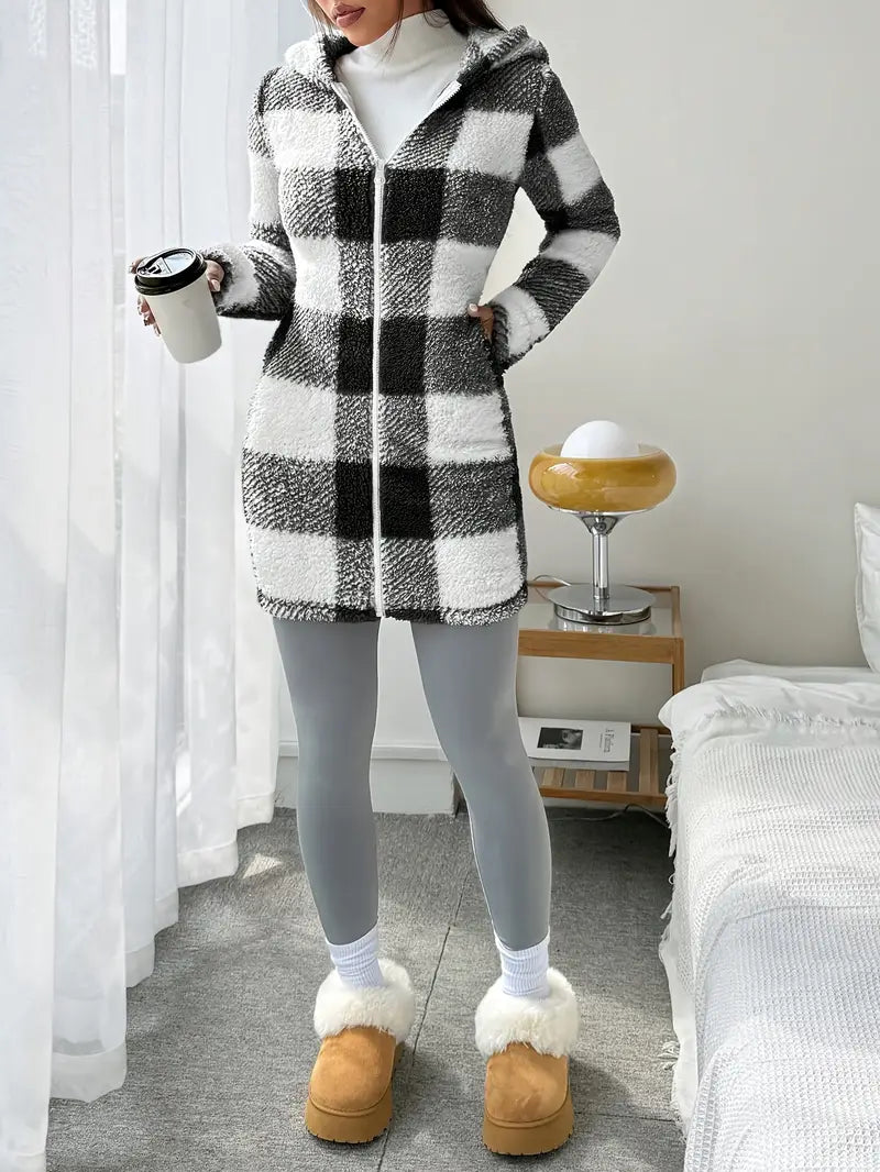Women's Plaid Fleece Long Sleeve Hooded Coat, Casual Style, Moderate Fabric Thickness, All Seasons Wear, Comfortable Fit