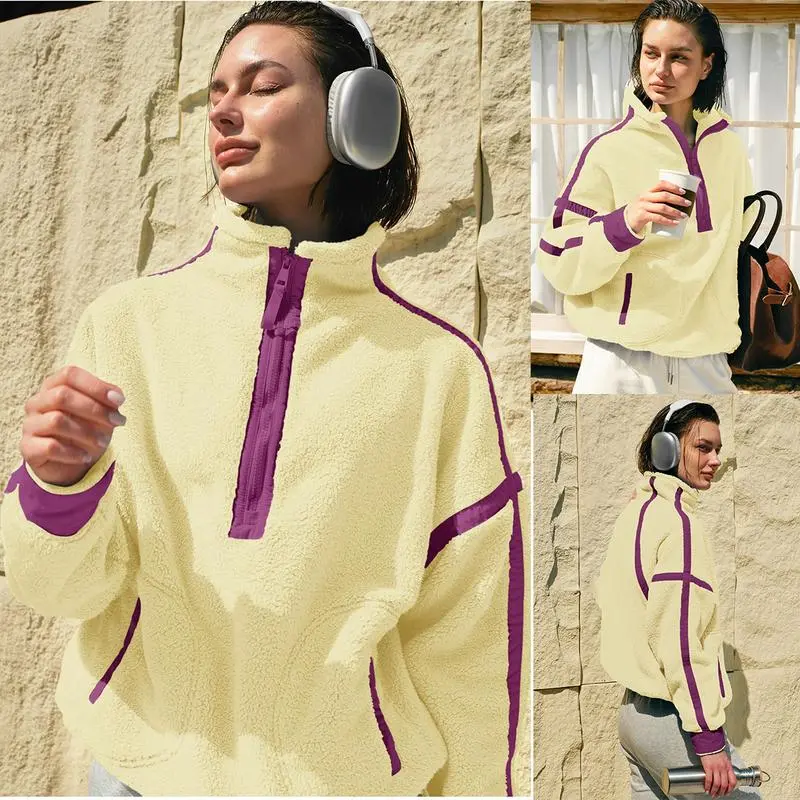 Women Sherpa Fleece Warm Oversized Half Zip Sweater