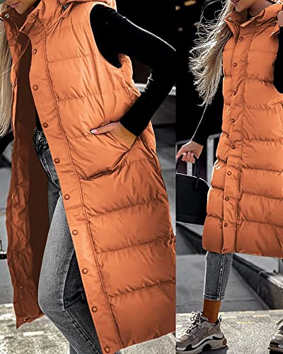 Women's Long Puffer Vest Casual Sleeveless Puffer Jacket with Removable Hood Sets