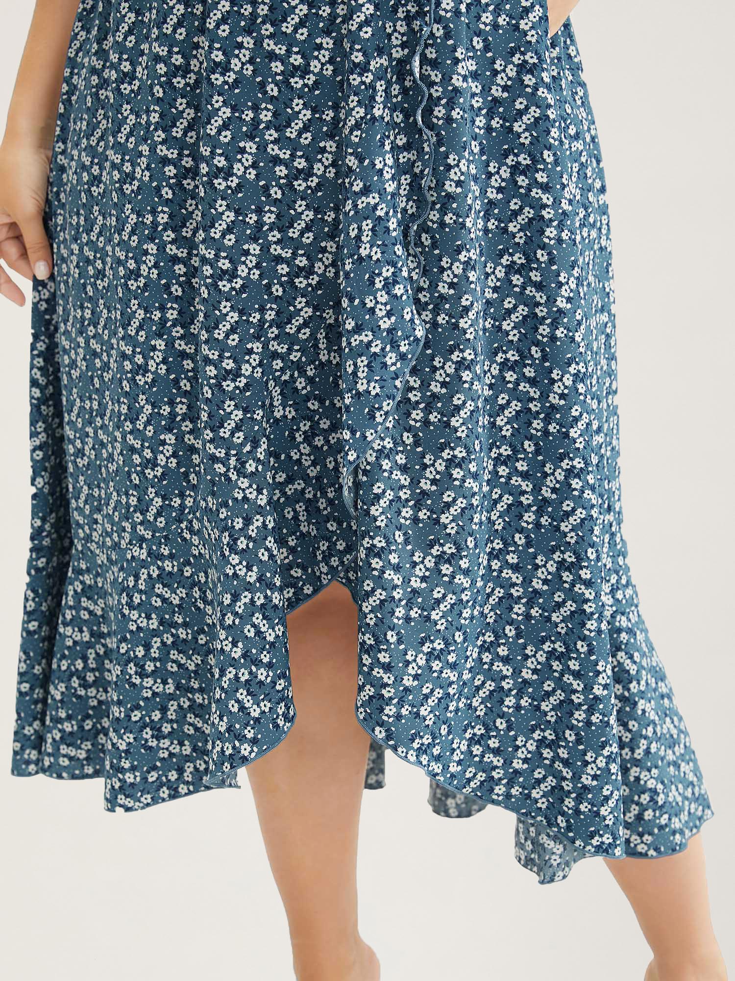 Ditsy Floral Pocket Wrap Cold Shoulder Ruffle Dress