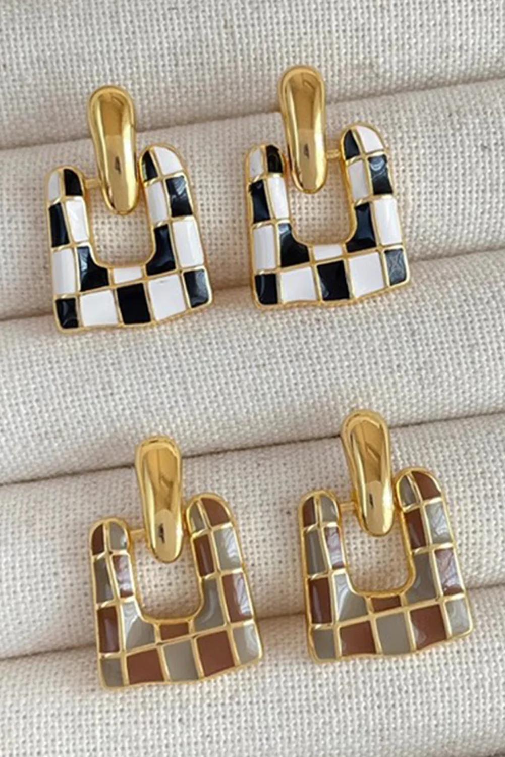 Black Checkered Pattern Square Shape Stud Dangle Earrings
