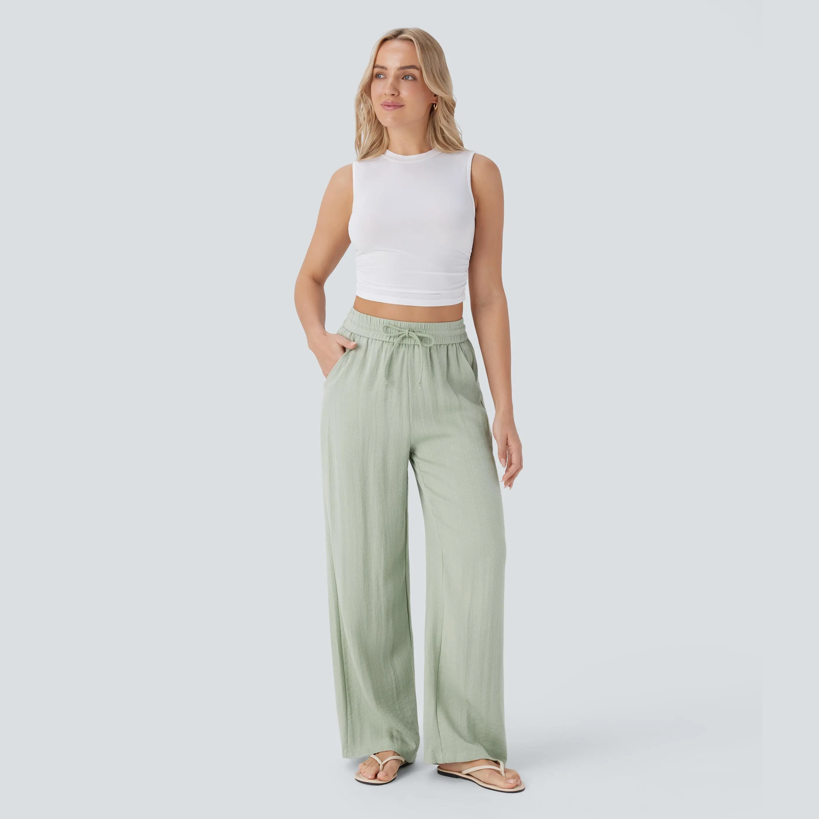 High Waisted Drawstring Pocket Wide Leg Casual Linen-Feel Pants