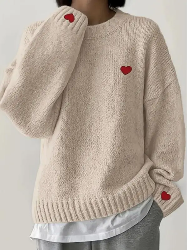 Women's Winter New Fashion Sweater, Embroidered Heart Knitwear