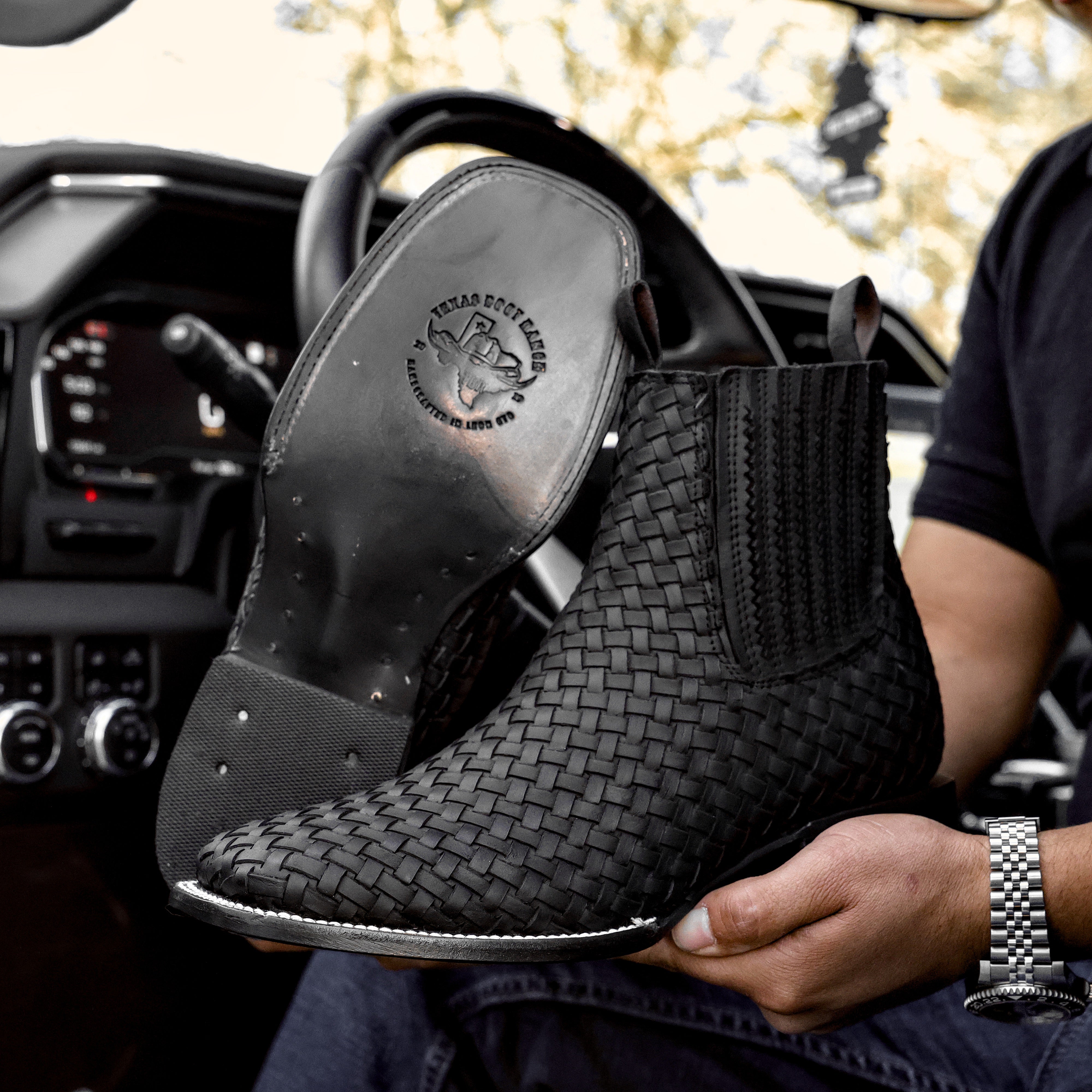 Matte Black Basketweave Leather Botines - Square Toe