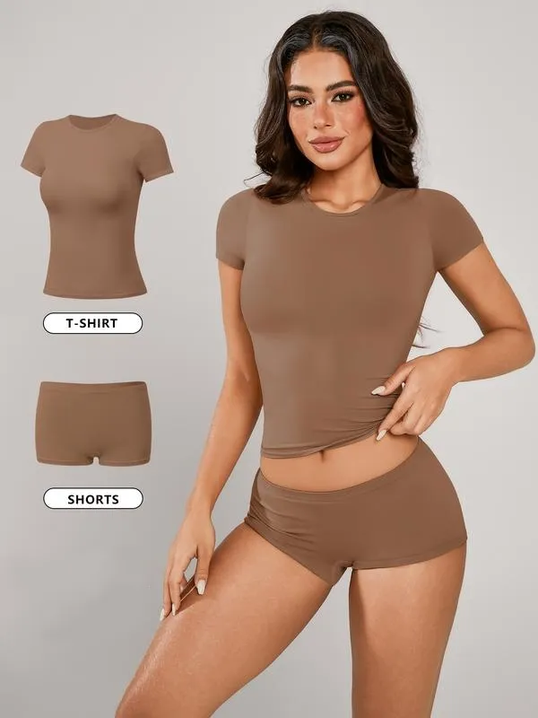 Women's Solid Crop Tee & Boxer Shorts Loungewear