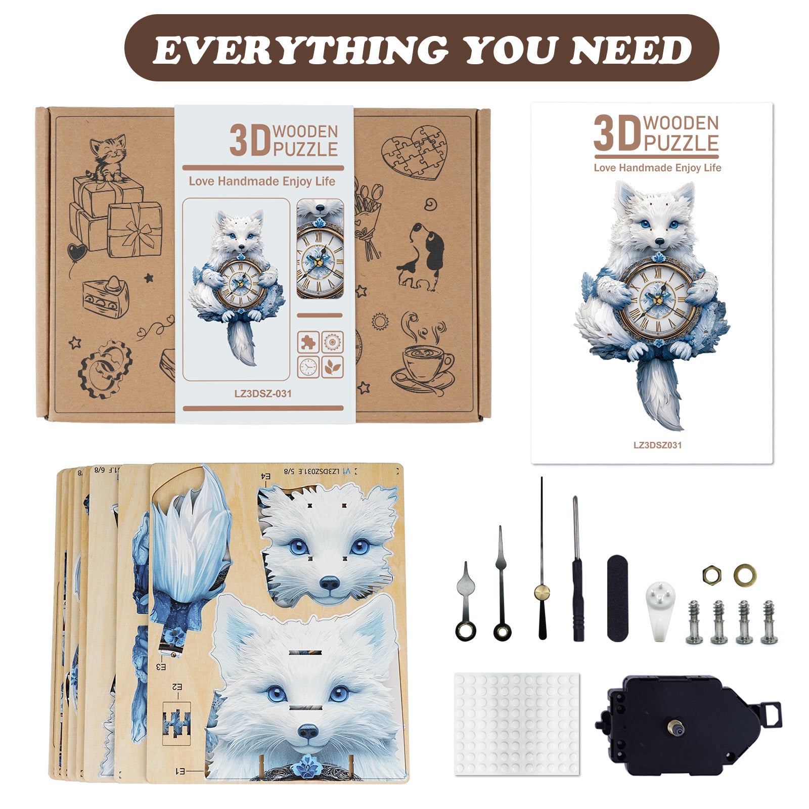 Arctic Fox– DIY Wooden Clock, 3D Puzzle Craft Kit