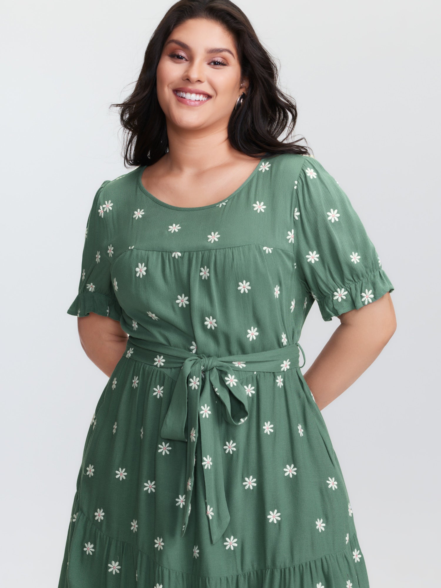 Supersoft Floral Embroidered Waist-Tie Mini Dress