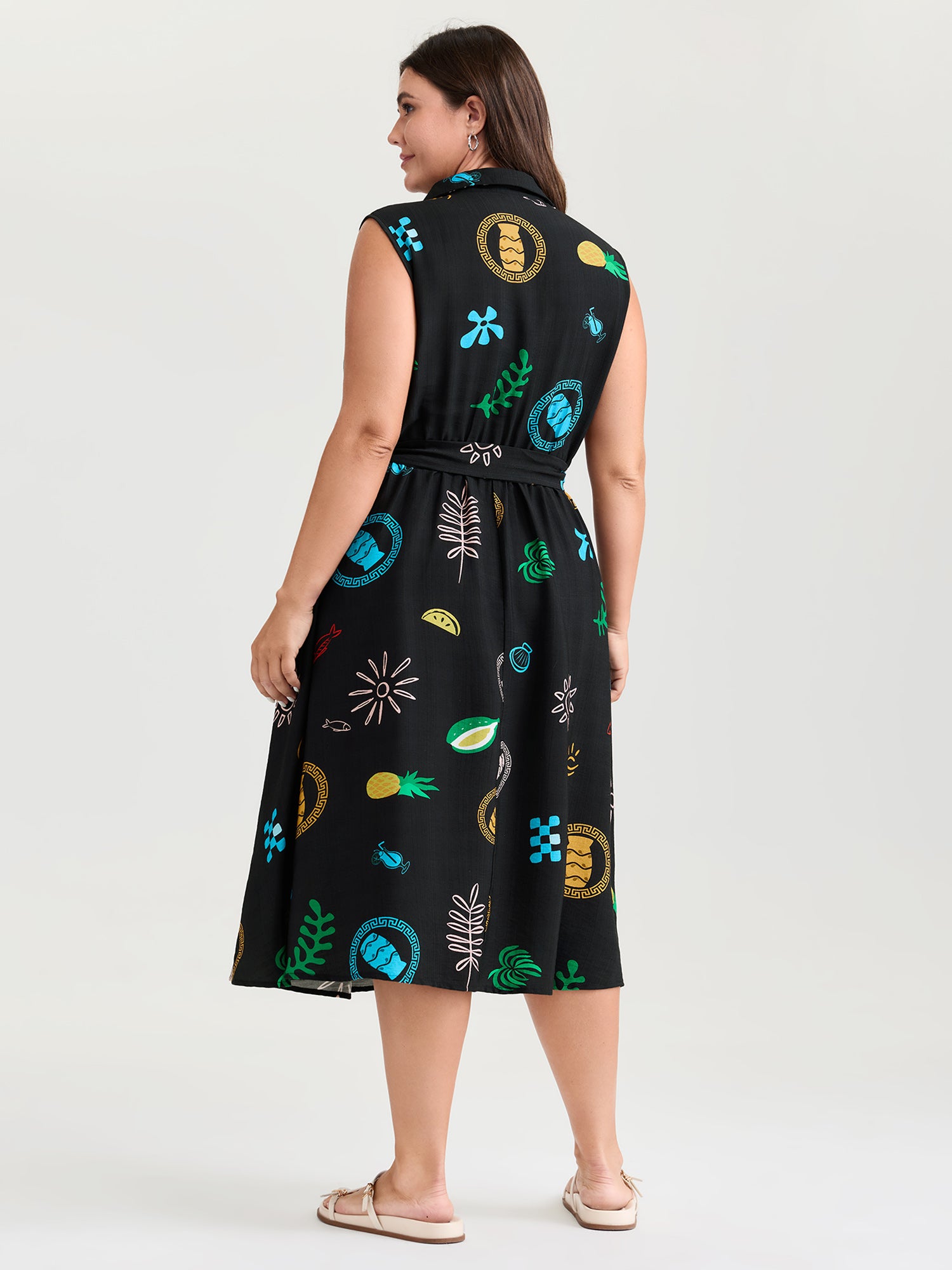 Sunshine Pineapples Collar Sleeveless Midi Dress