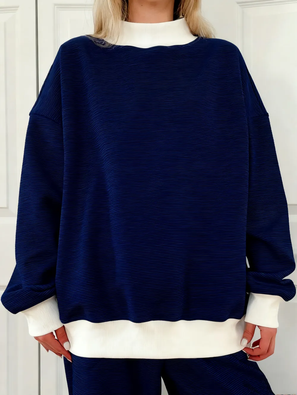 Blue and White Mini Striped Mockneck Sweatshirt