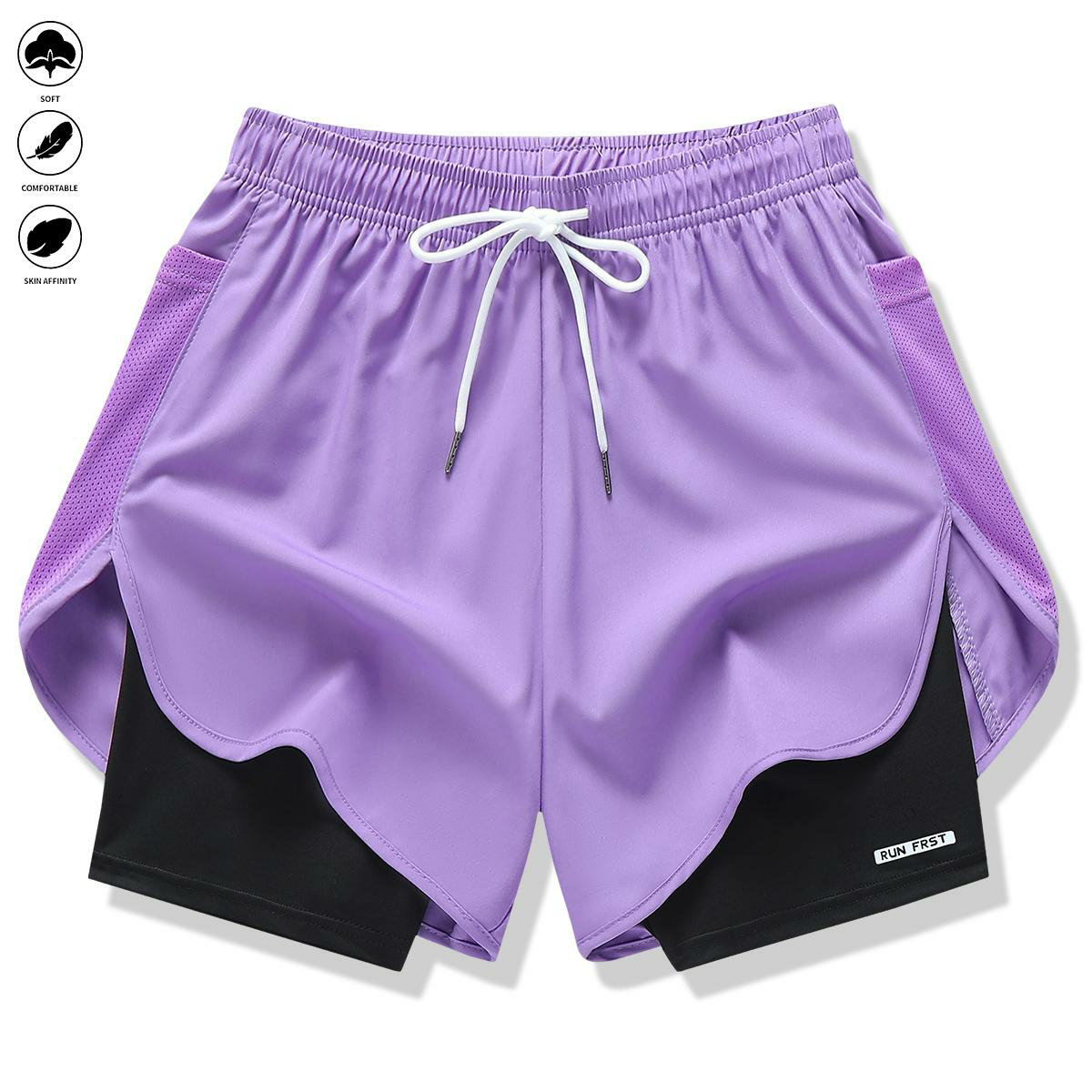 Pack of 3 women’s casual athletic pants, faux two-piece design, solid color, with inner lining, elastic drawstring waistband