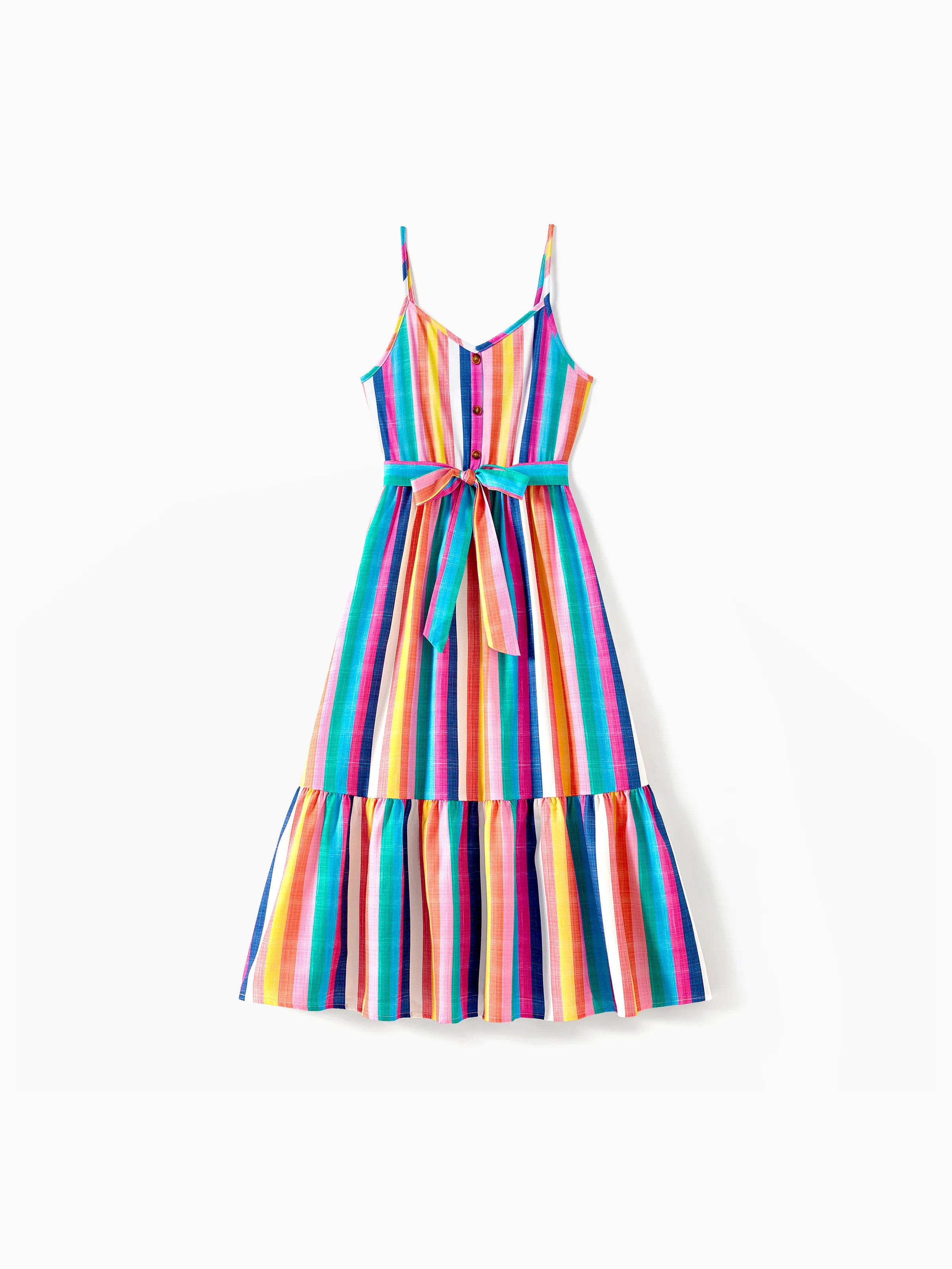 Family Matching Multi-Color Stripe T-shirt and Ruffle Hem Button Strap Dress Sets COLOREDSTRIPES