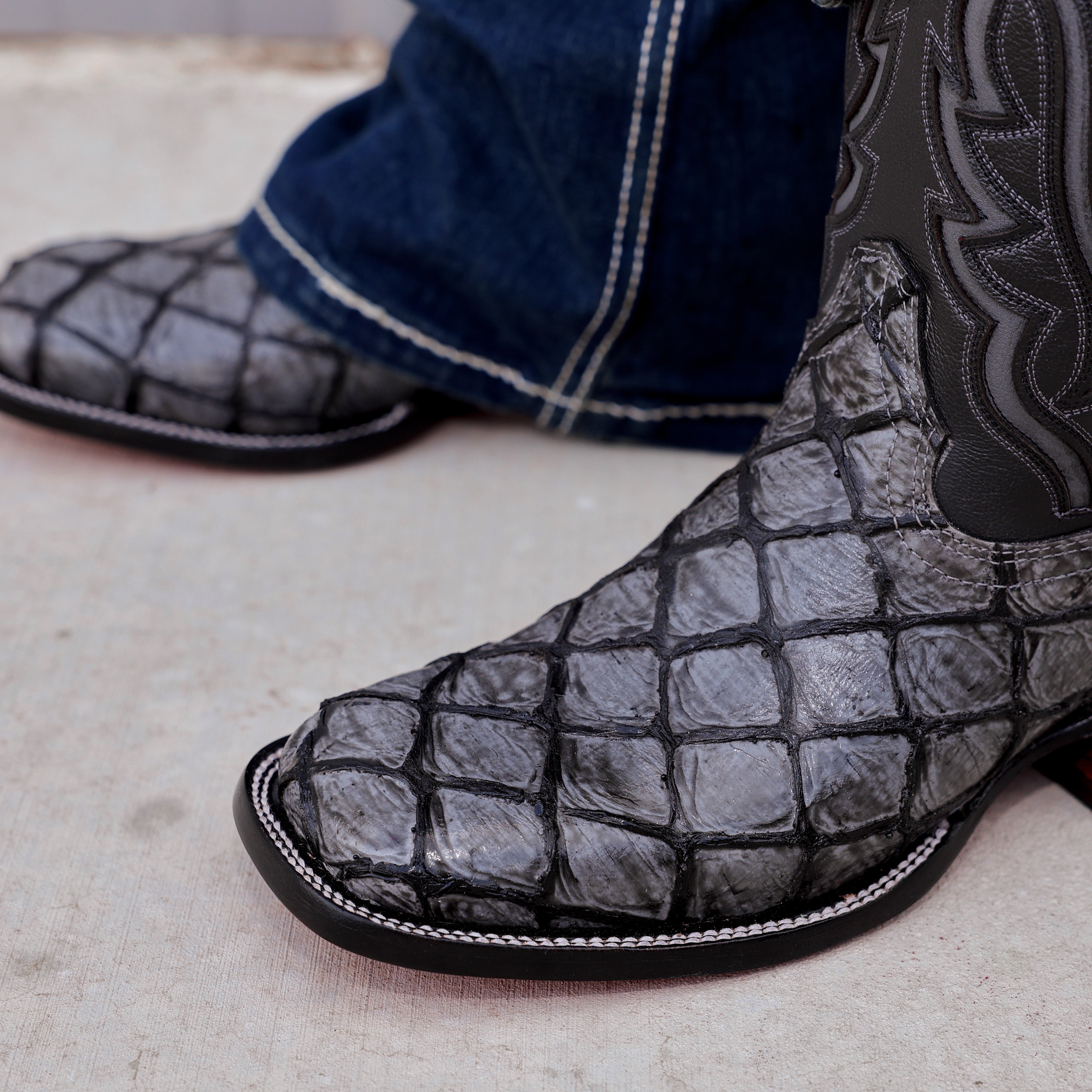 Midnight Grey Pirarucu Leather Boots - Square Toe