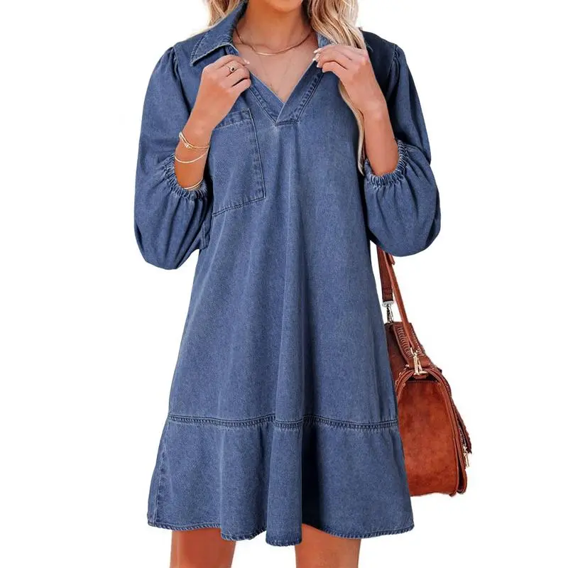 V Neck 3/4 Puff Sleeve Jean Dresses