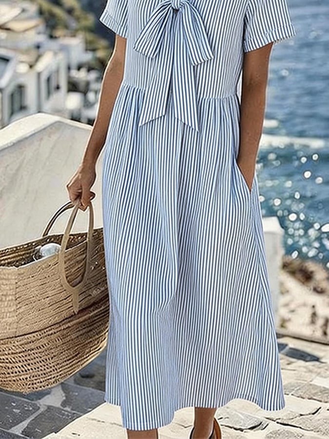 Women's Casual V-neck Striped Resort Dress- Fast Shipping