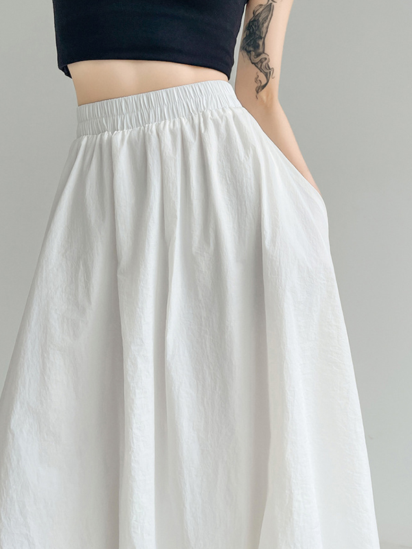 Elasticity Pleated Pockets Solid Color A-Line Loose Skirts Bottoms
