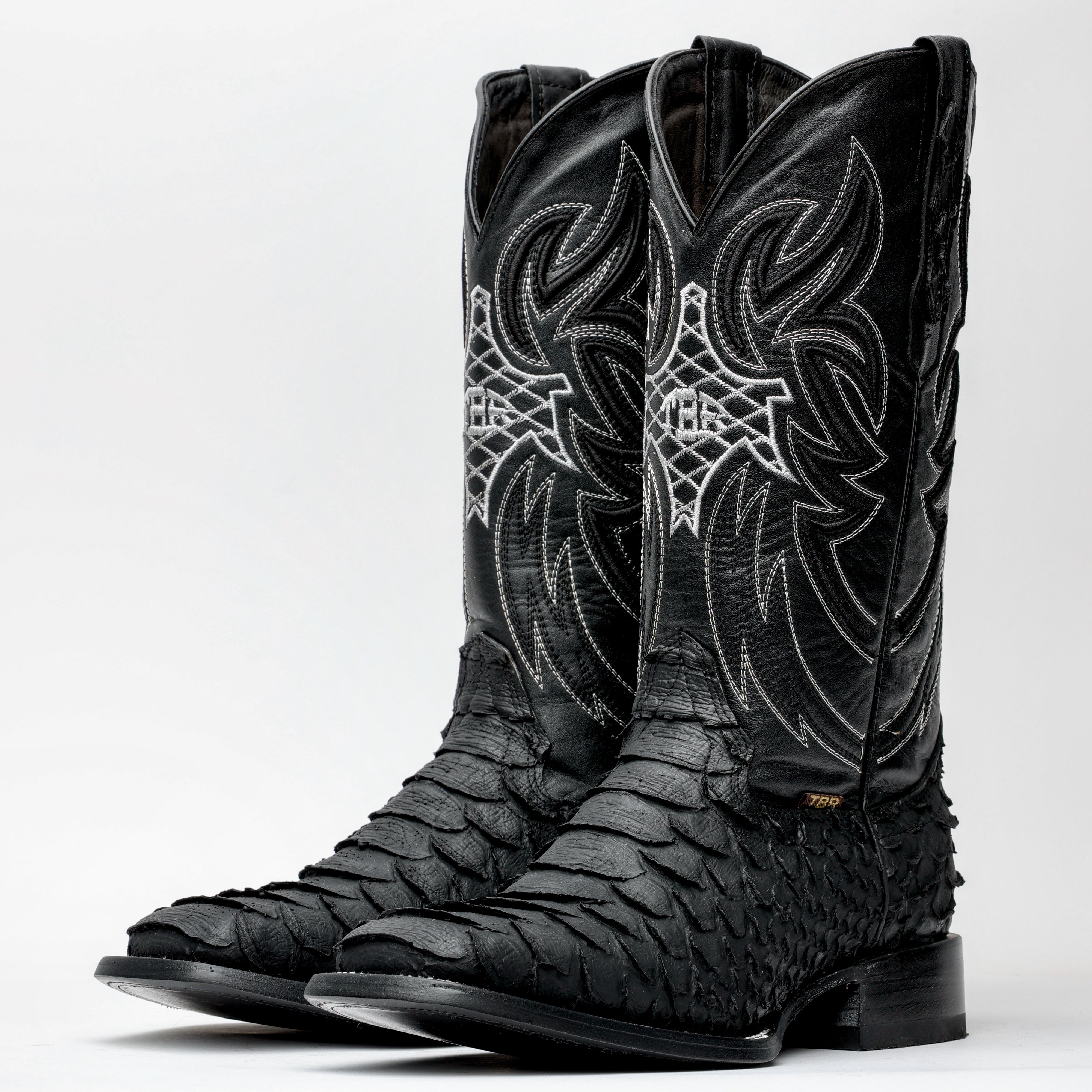 Matte Black Jumbo Python Leather Boots - Square Toe