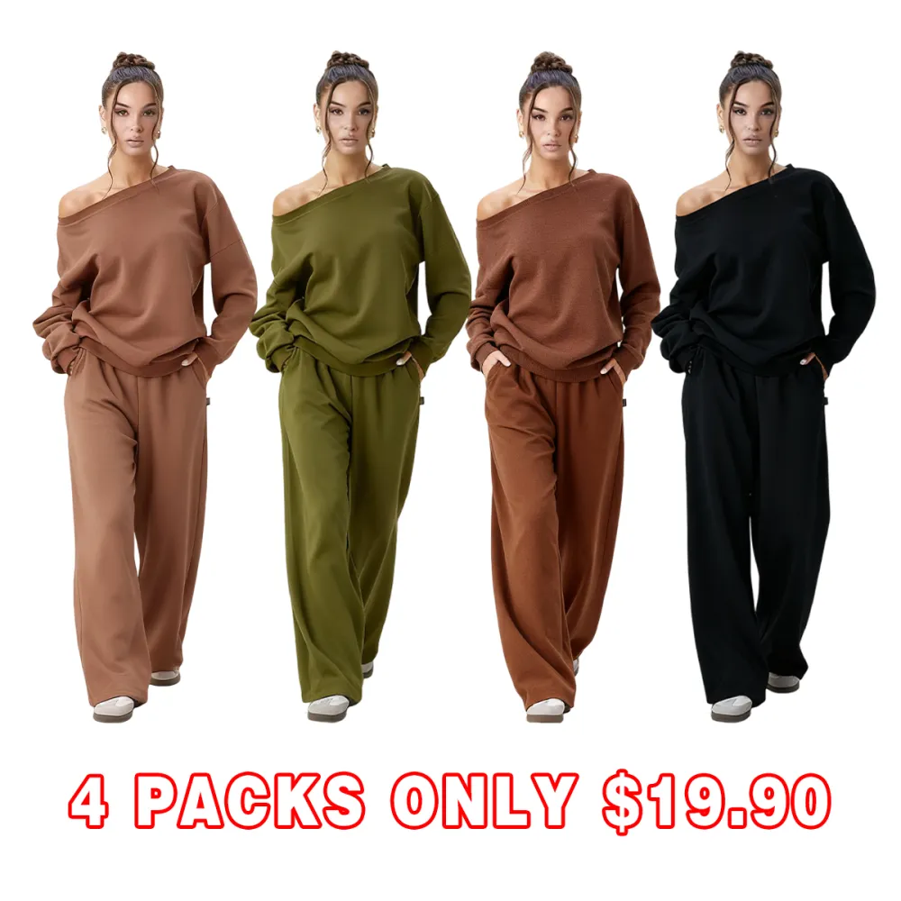 Women's Leisure Solid Color Sloping Shoulder Long Sleeve Top & Wide Leg Trousers Co-ord