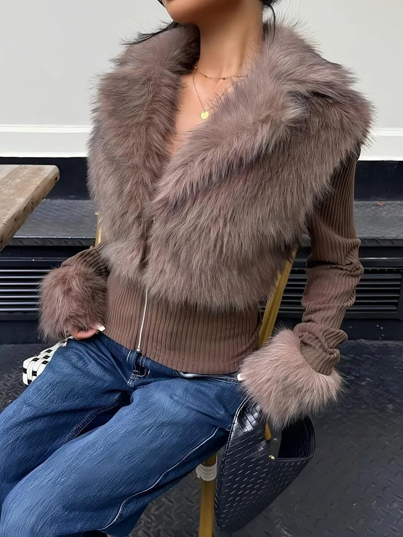 Women's Fashion Street Style Patchwork Knit Faux Fur Jacket