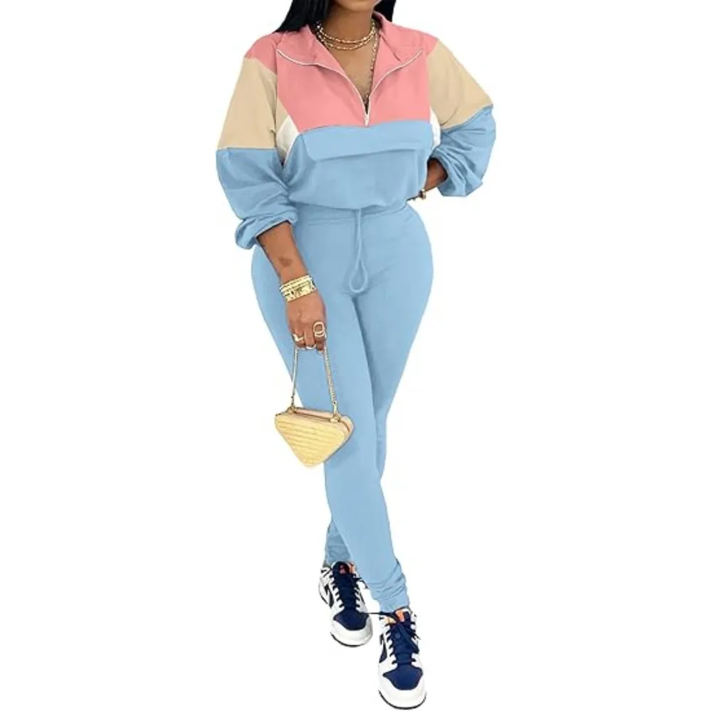 Women's Colorblock 2-Piece Knit Zip Jacket Elastic Waist Tracksuit