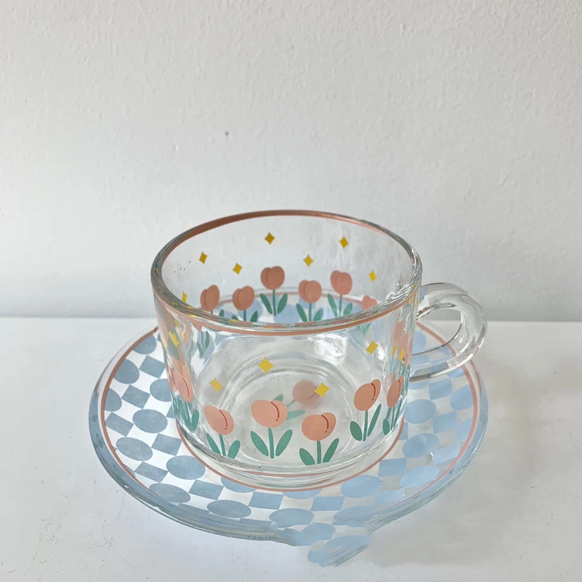 Tulips Painted on Glass Cup Saucer Set