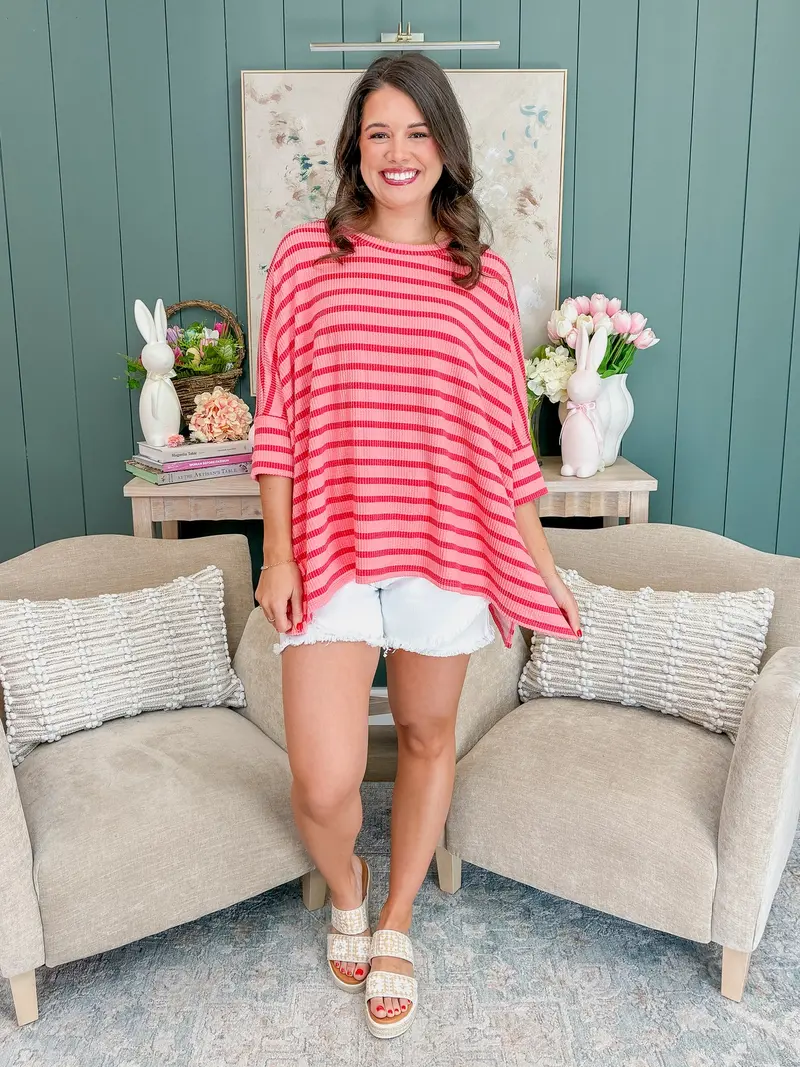 Spring Striped Raised Rib Easy Fit 3/4 Sleeve Top