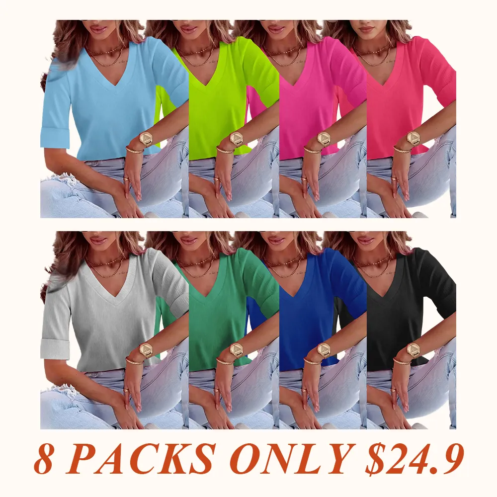 Plus Size Solid V Neck Roll Up Sleeve Tee, Casual Fitted T-shirt , Women's Plus Clothing for Daily Wear