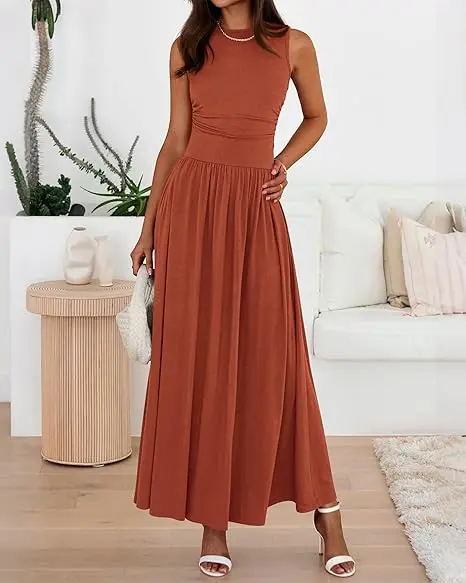 Summer Maxi Dresses for Women 2026 Spring Sleeveless Casual Ruched High Waisted Long Sundress Flowy Beach Dress