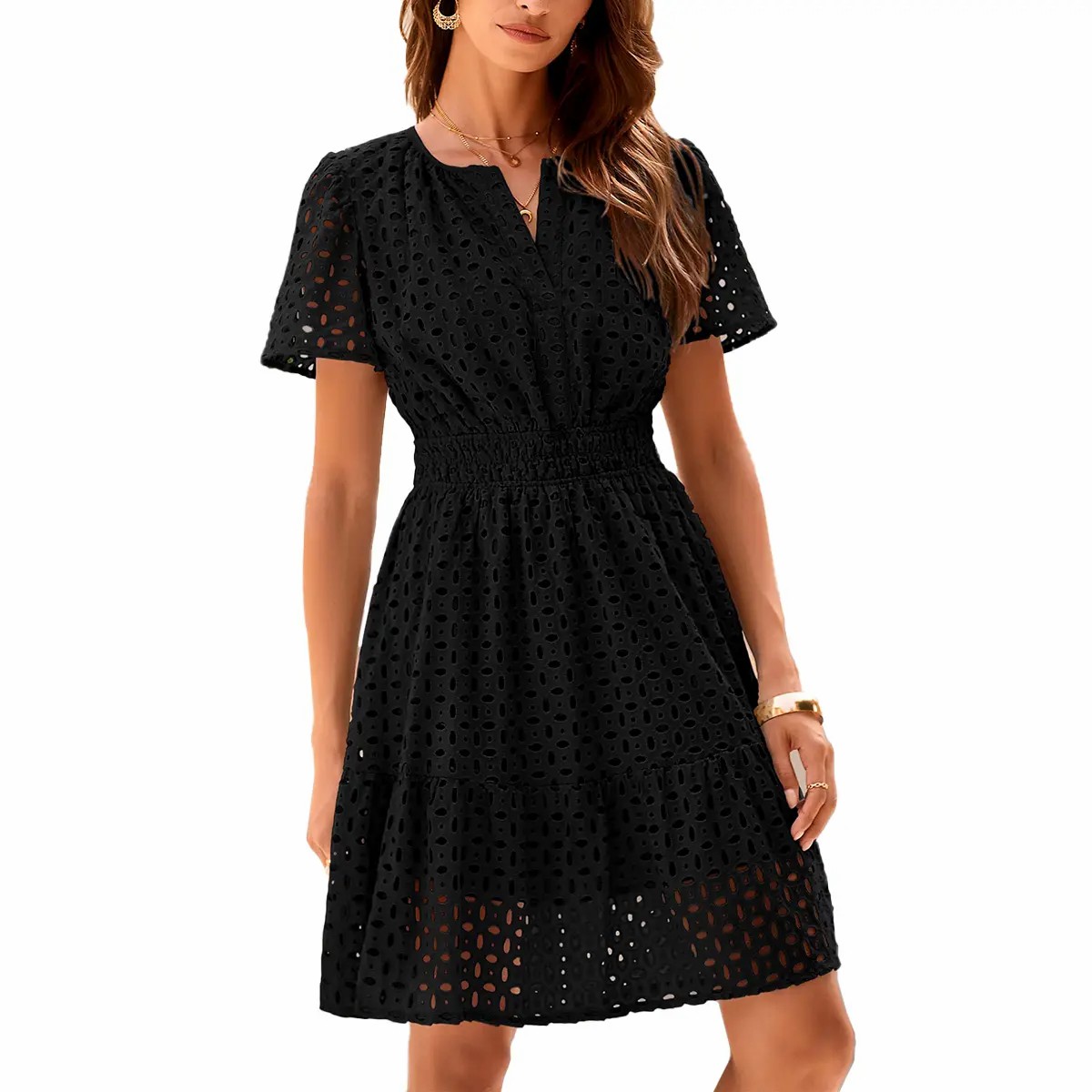 Women’s Eyelet Lace A-Line Summer Dress – V-Neck Ruffle Casual Mini Dress