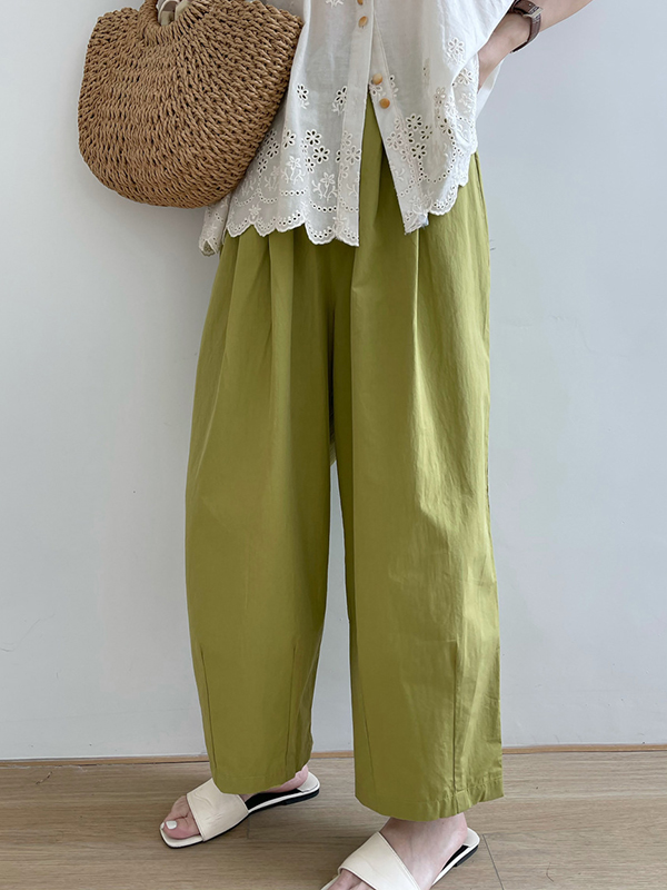 Elasticity Pleated Solid Color Split-Joint High Waisted Loose Trousers Pants