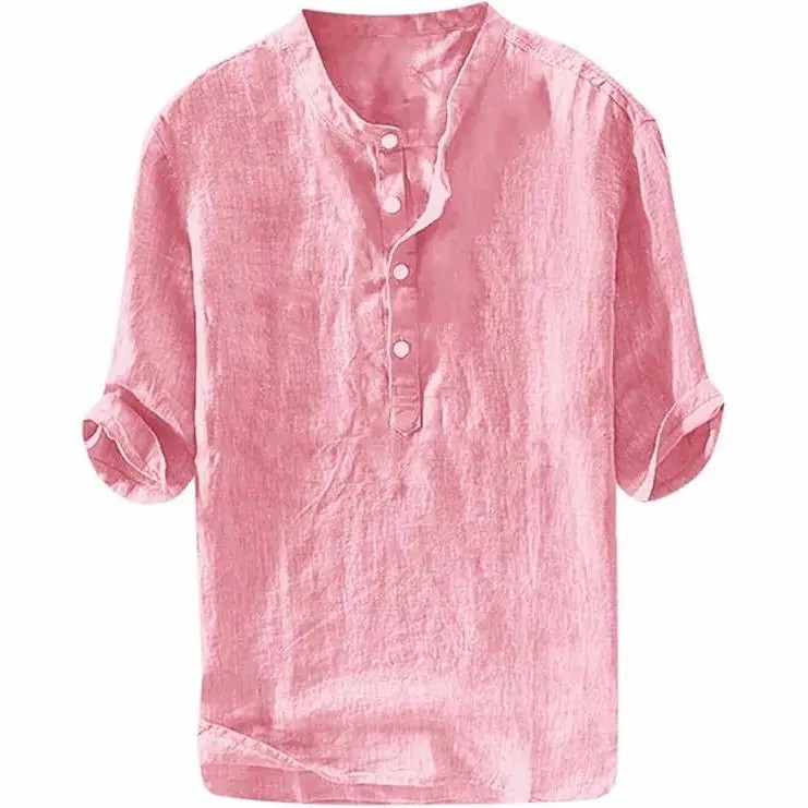 Mens Linen Shirts Casual Cotton 3/4 Sleeve Regular-Fit Henley T-Shirt Summer Lightweight Beach Yoga Tops