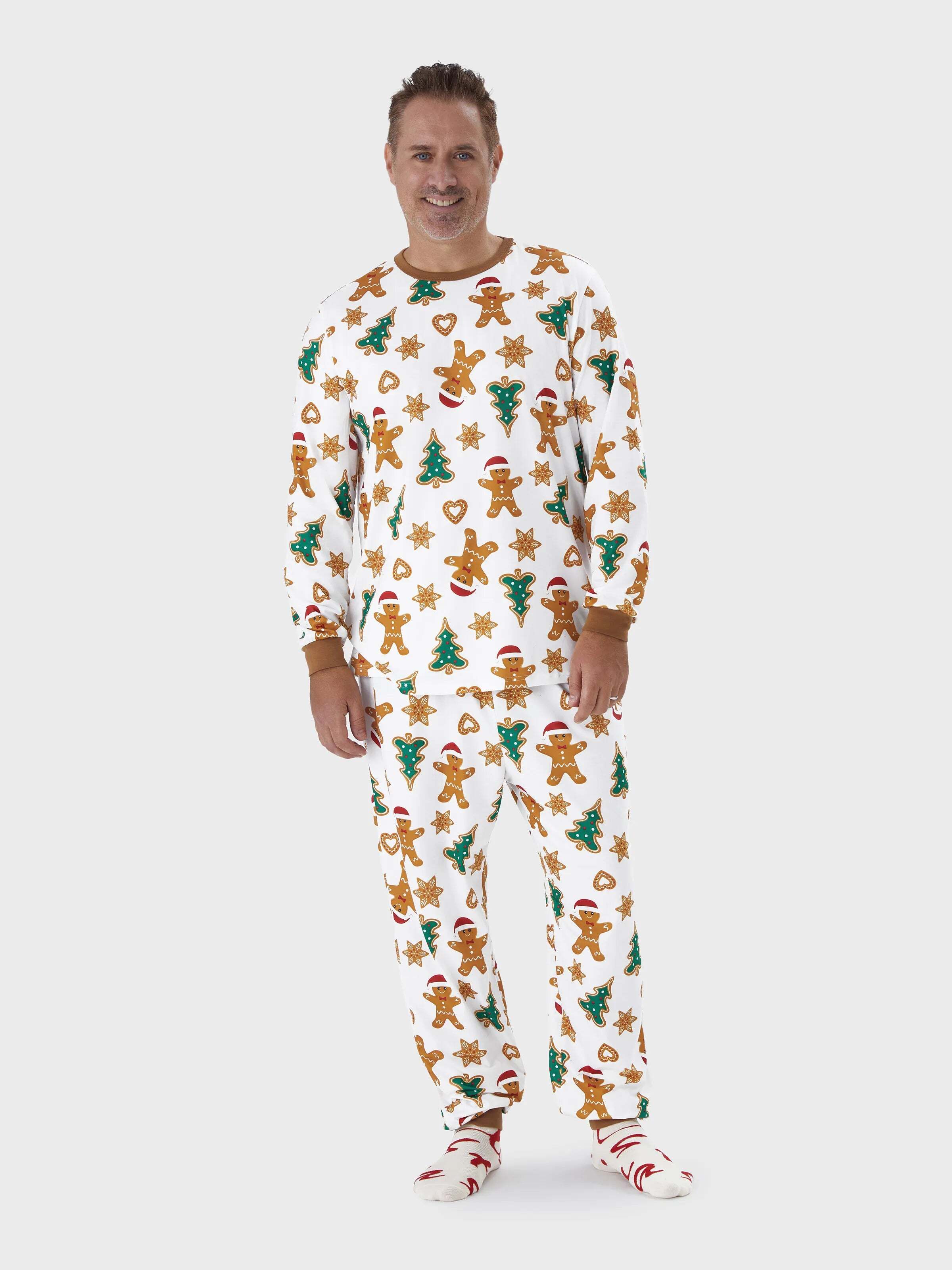 Christmas Family Matching Cartoon Gingerbread Man and Tree All-over Print Long-sleeve Pajamas Sets with Christmas Socks Coffee