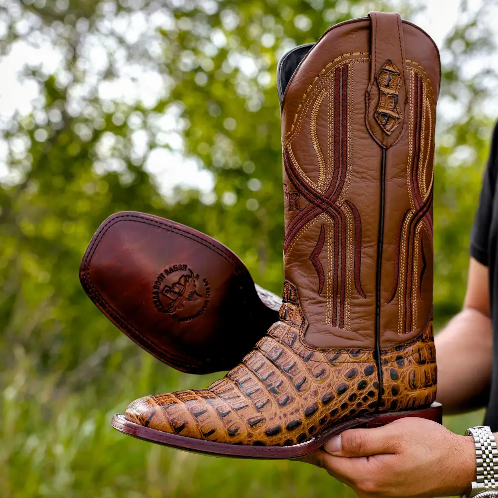 Honey Caiman Hornback Leather Boots - Square Toe