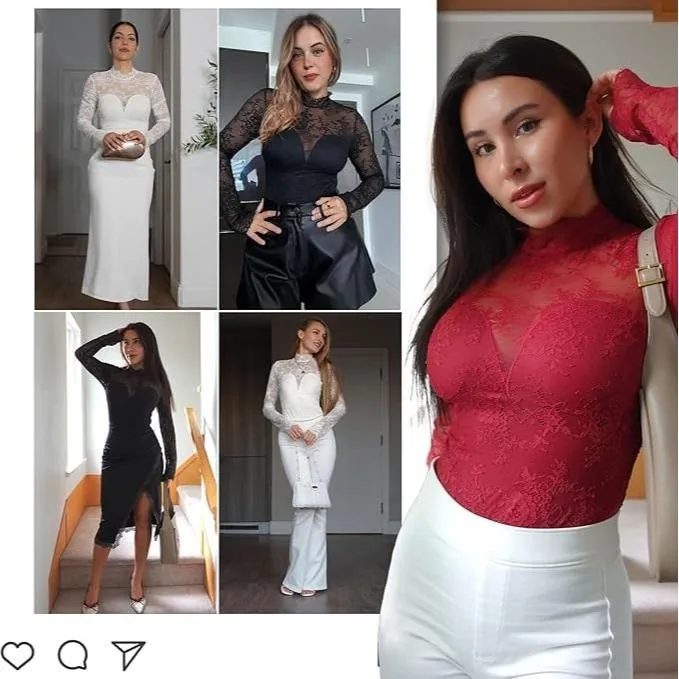 Deep V-Neck Long Sleeve Bodysuit Breathable Fabric Sheer Lace Turtleneck with Built-in Bra