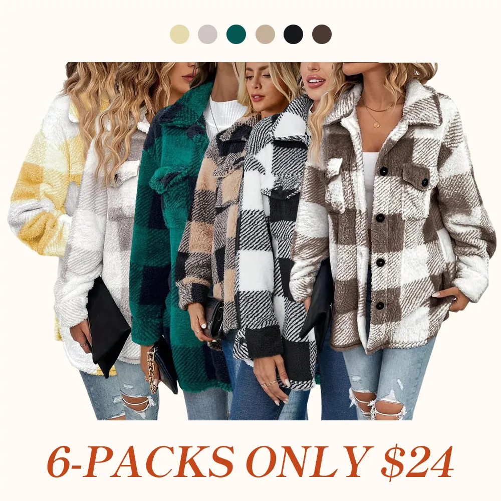 Women's Plaid Print Button Front Fuzzy Coat