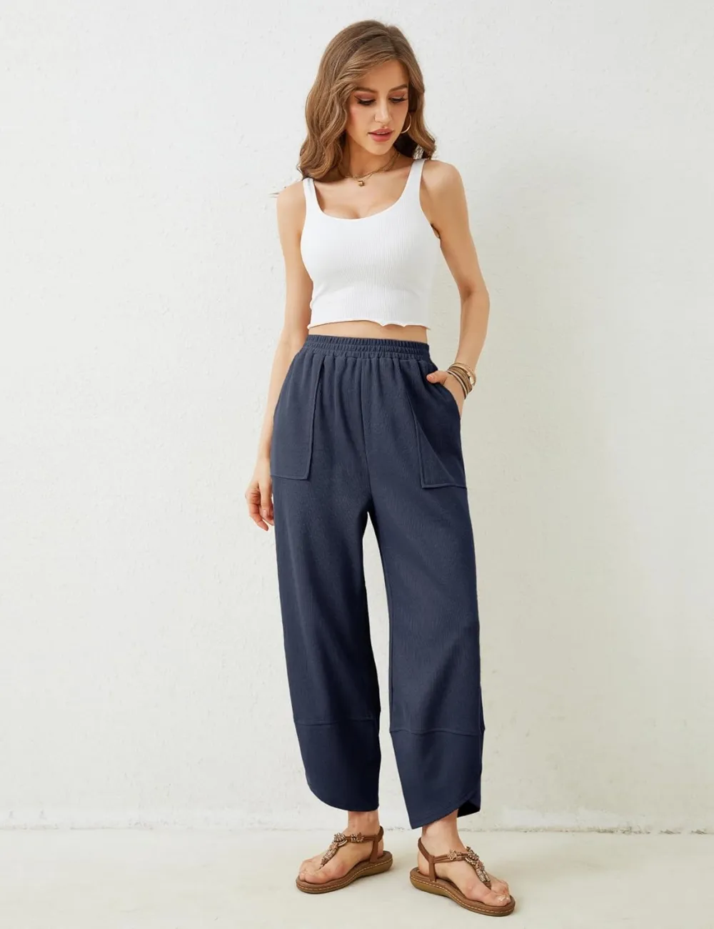 Women's Wide Leg Harem Pants Casual Palazzo Pants with Pockets High Waist Relaxed Fit