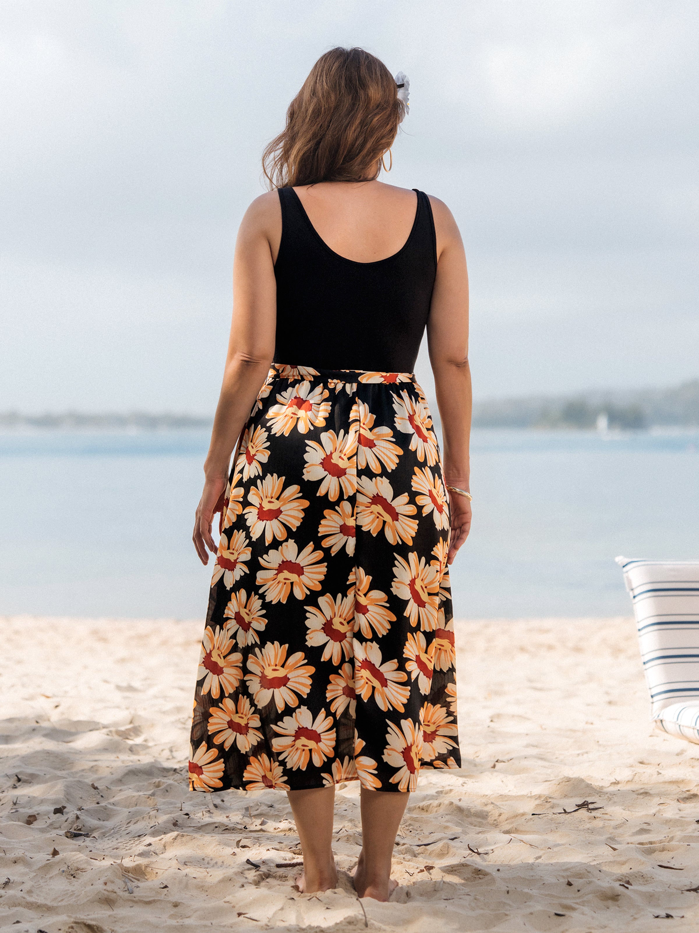 Family Matching Set Floral Sleeveless Strappy Dress or Colorblock Short-sleeve T-shirt  Black