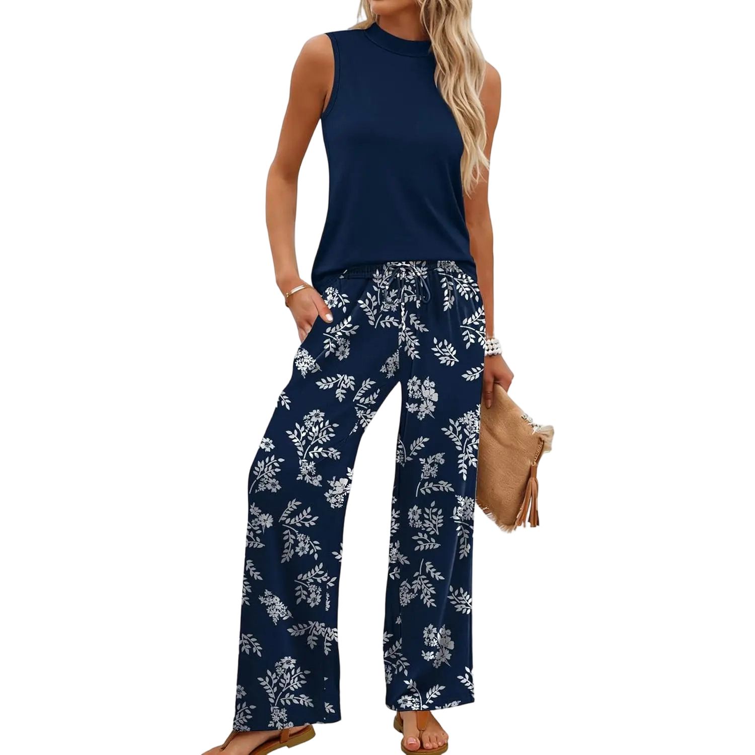 Two Piece Set for Women Summer Spring Outfits Cruise Travel Airport Beach Vacation Mock Neck Wide Leg Pants Set