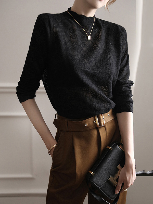 Hollow Jacquard Solid Color Long Sleeves T-Shirts Tops Knitwear