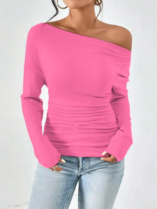Women's Plain Ruched Asymmetrical Neck Drop Shoulder Tee