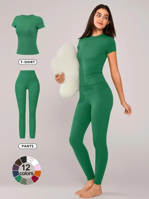 Women's Solid Short Sleeve Tee & Leggings Loungewear, Casual Comfy Round Neck Top & Skinny Pants PJ Set